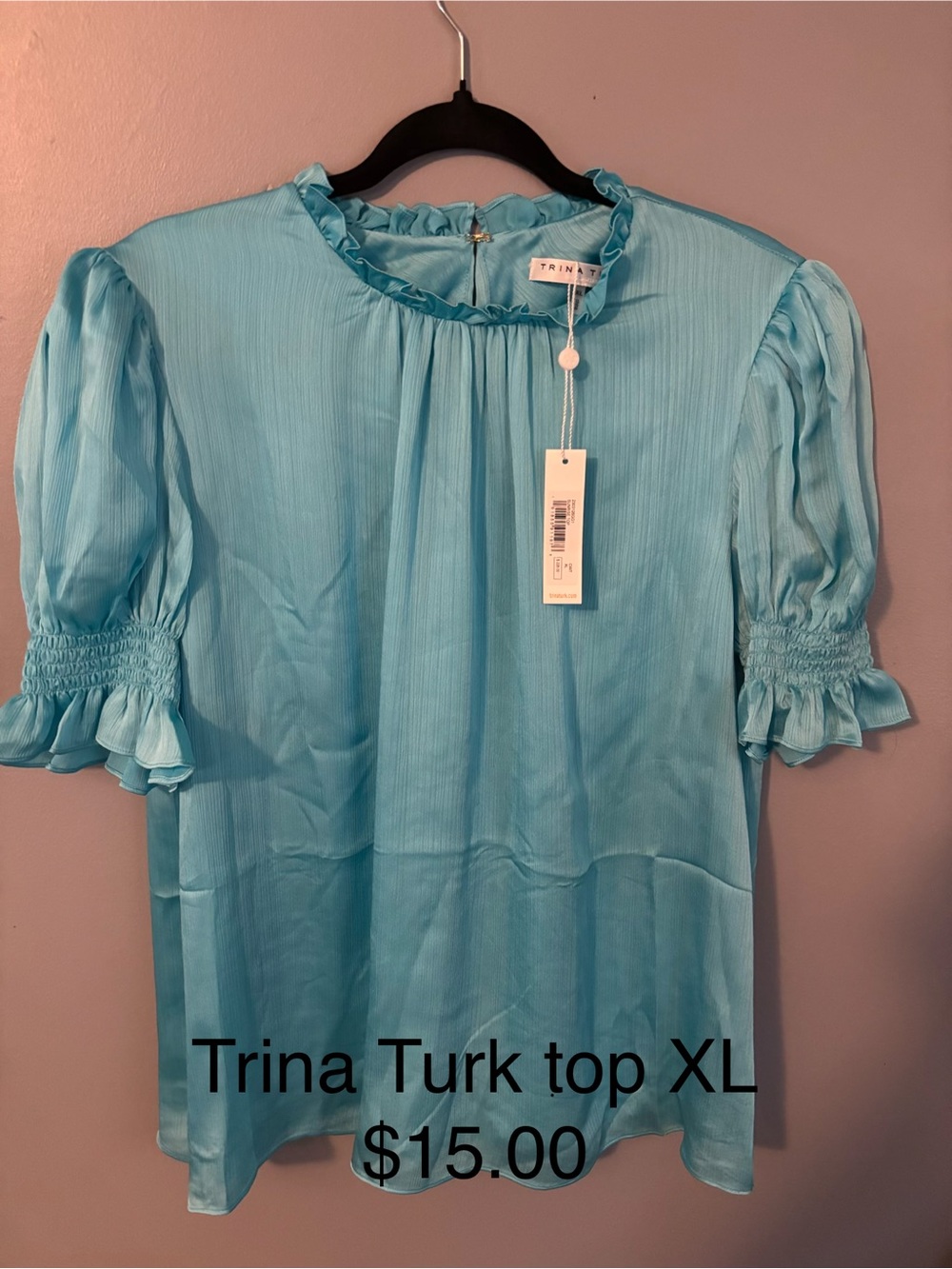 Trina Turk Light Blue Ruffle Neck Short Sleeve Blouse